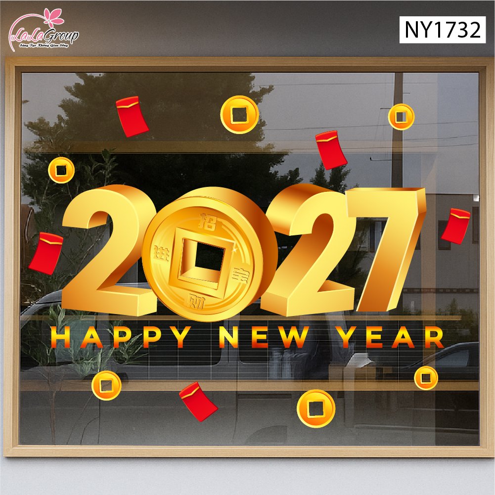 Decal trang tr&iacute; tết happy new year 2027 l&igrave; x&igrave; đỏ tiền t&agrave;i thịnh vượng