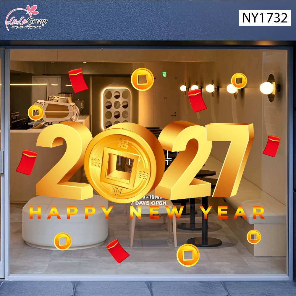 Decal trang tr&iacute; tết happy new year 2027 l&igrave; x&igrave; đỏ tiền t&agrave;i thịnh vượng