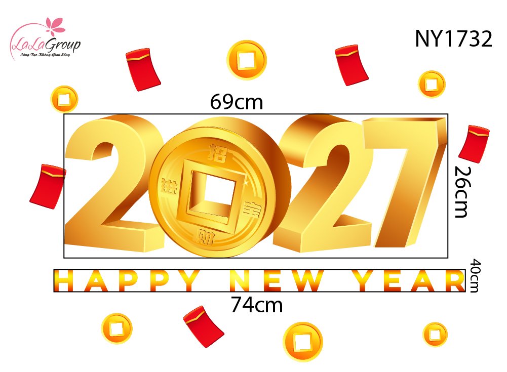 Decal trang tr&iacute; tết happy new year 2027 l&igrave; x&igrave; đỏ tiền t&agrave;i thịnh vượng