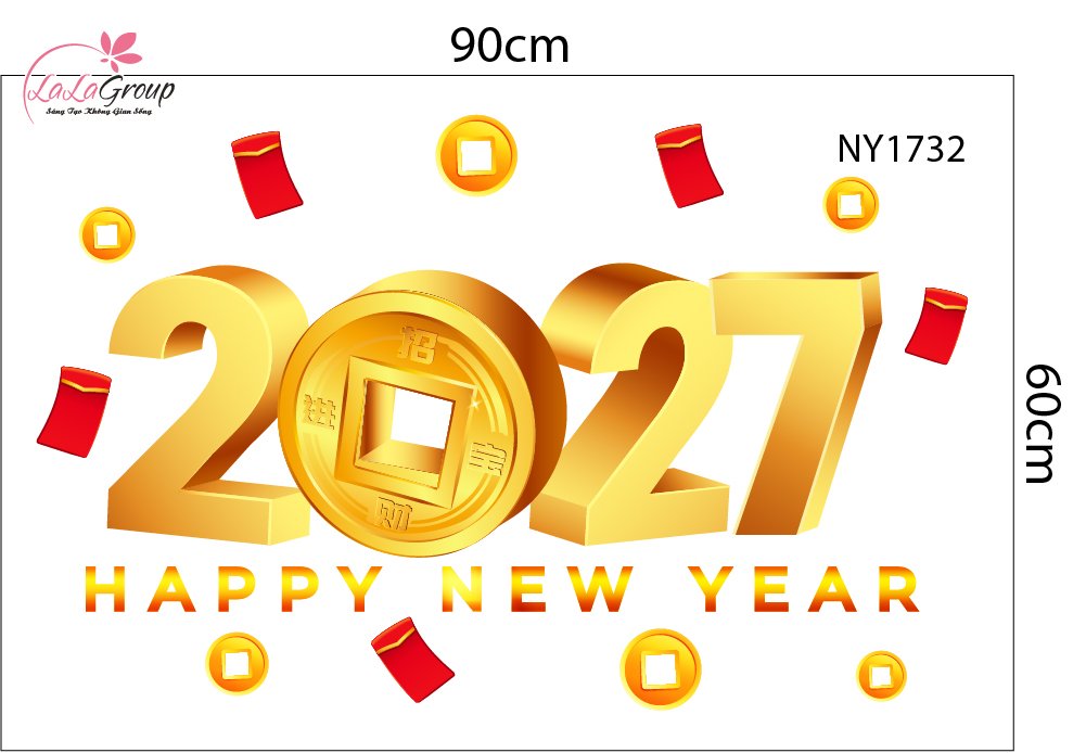 Decal trang tr&iacute; tết happy new year 2027 l&igrave; x&igrave; đỏ tiền t&agrave;i thịnh vượng