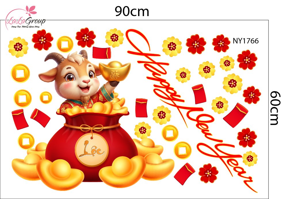 Decal Trang Tr&iacute; Tết Happy New Year 2027 Tiền T&agrave;i Vạn Ph&aacute;t