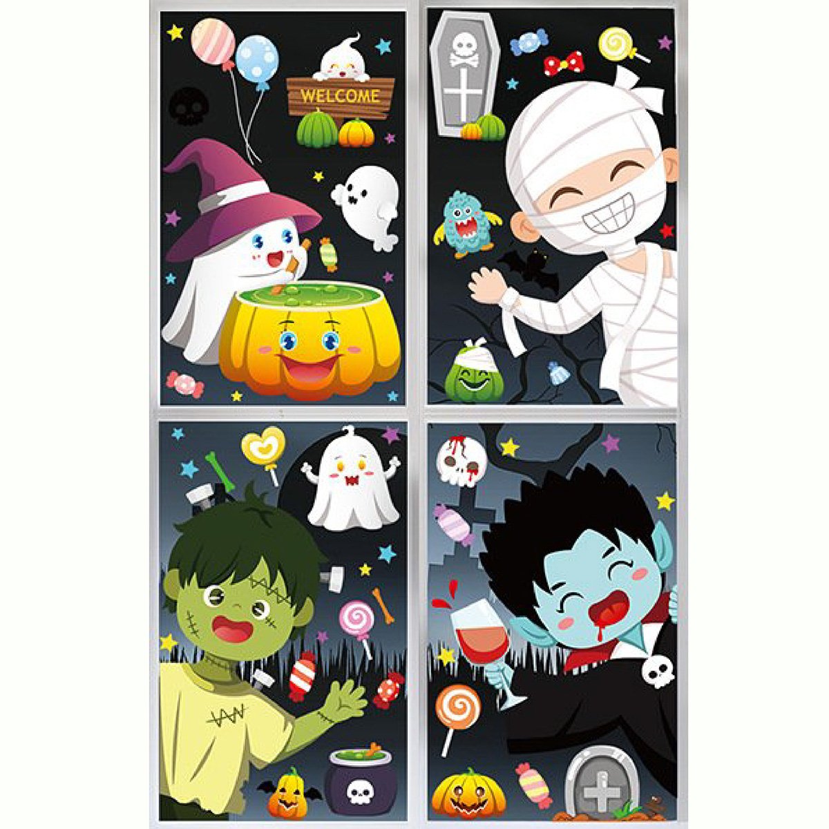 Combo 4 Tấm Decal 2 Mặt Trang Tr&iacute; Halloween Thần Chết Đ&aacute;ng Y&ecirc;u Vui Chơi C&ugrave;ng C&aacute;c Bạn