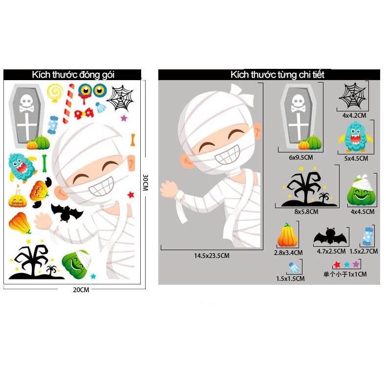 Decal 2 Mặt Halloween Thần Chết Đ&aacute;ng Y&ecirc;u Kh&ocirc;ng Keo Chuy&ecirc;n D&aacute;n K&iacute;nh Size nhỏ 20x30cm