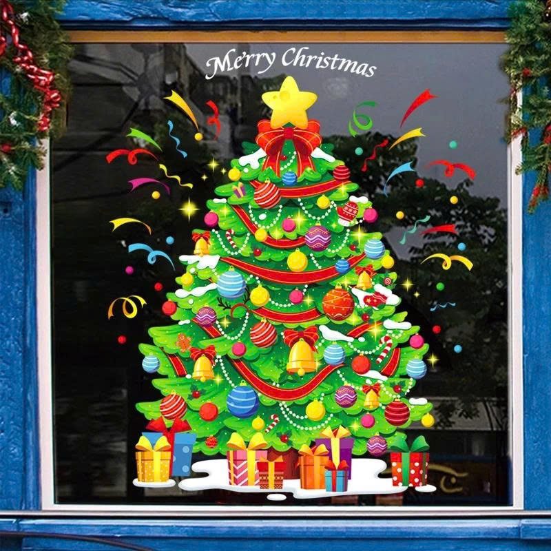 Decal tĩnh điện 2 mặt trang tr&iacute; noel C&acirc;y th&ocirc;ng gi&aacute;ng sinh nhiều phụ kiện v&agrave; hoa tuyết rơi