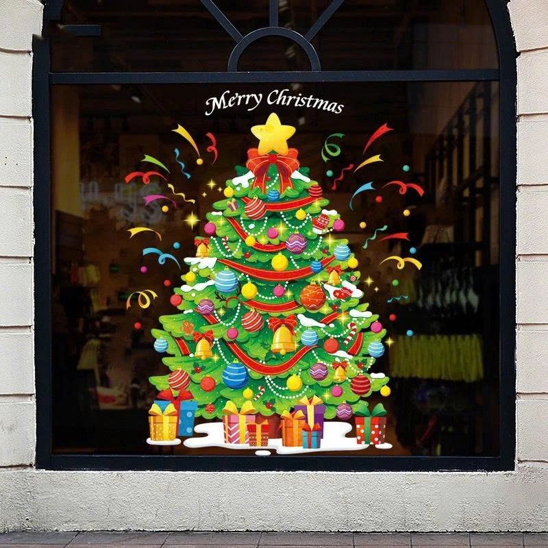 Decal tĩnh điện 2 mặt trang tr&iacute; noel C&acirc;y th&ocirc;ng gi&aacute;ng sinh nhiều phụ kiện v&agrave; hoa tuyết rơi
