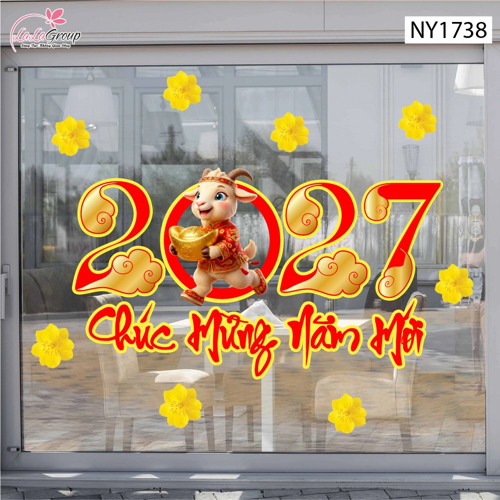 Decal Trang Tr&iacute; Tết Ch&uacute;c Mừng Năm Mới 2027 V&agrave; Mai V&agrave;ng
