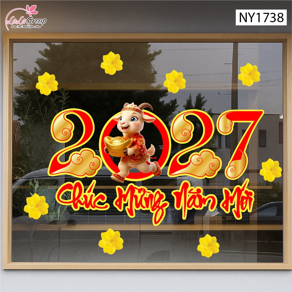 Decal Trang Tr&iacute; Tết Ch&uacute;c Mừng Năm Mới 2027 V&agrave; Mai V&agrave;ng