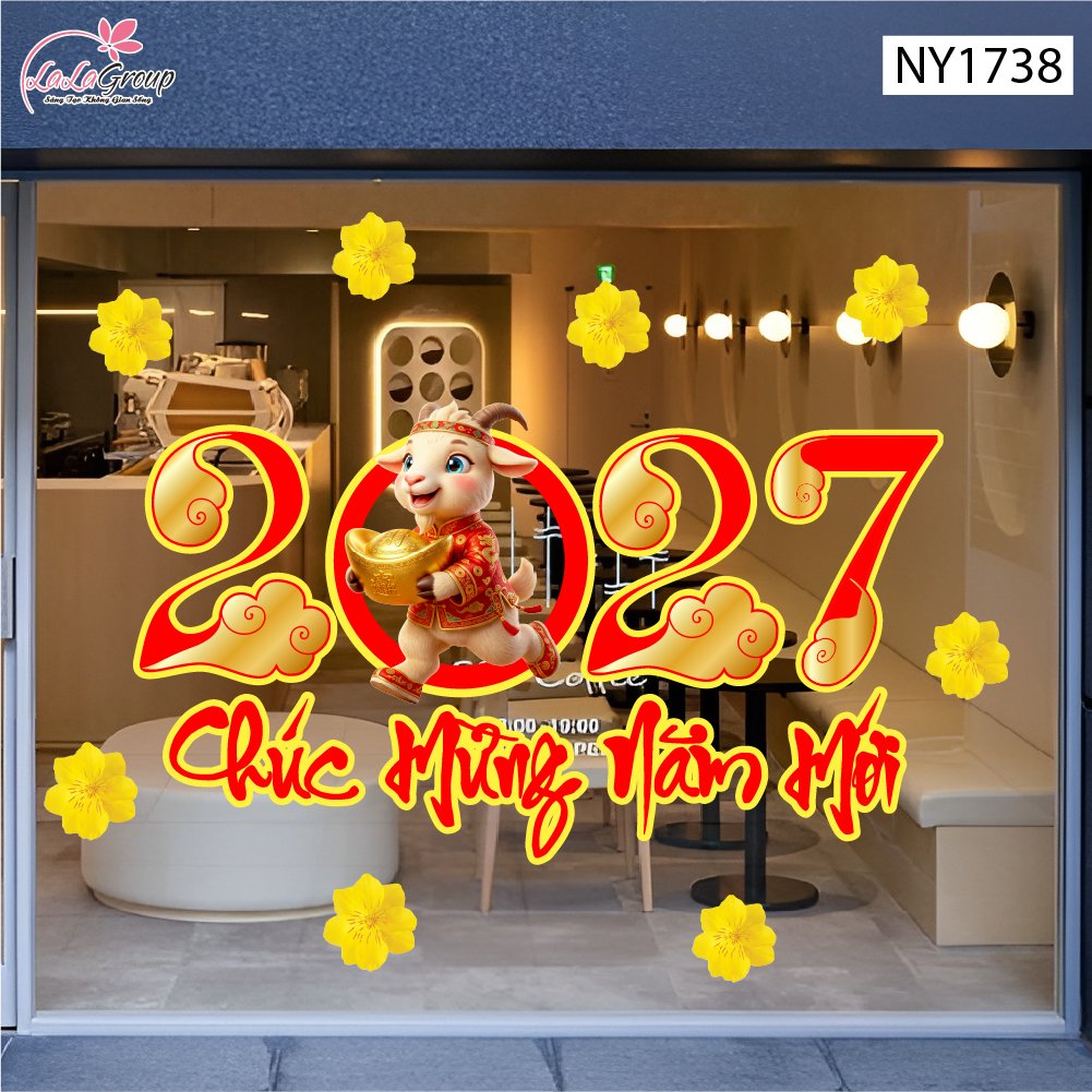 Decal Trang Tr&iacute; Tết Ch&uacute;c Mừng Năm Mới 2027 V&agrave; Mai V&agrave;ng