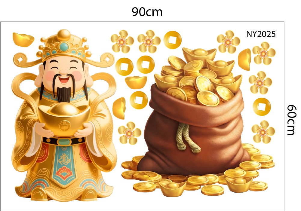 Decal Tết Thần T&agrave;i V&agrave; Bao V&agrave;ng Ph&uacute; Qu&yacute;