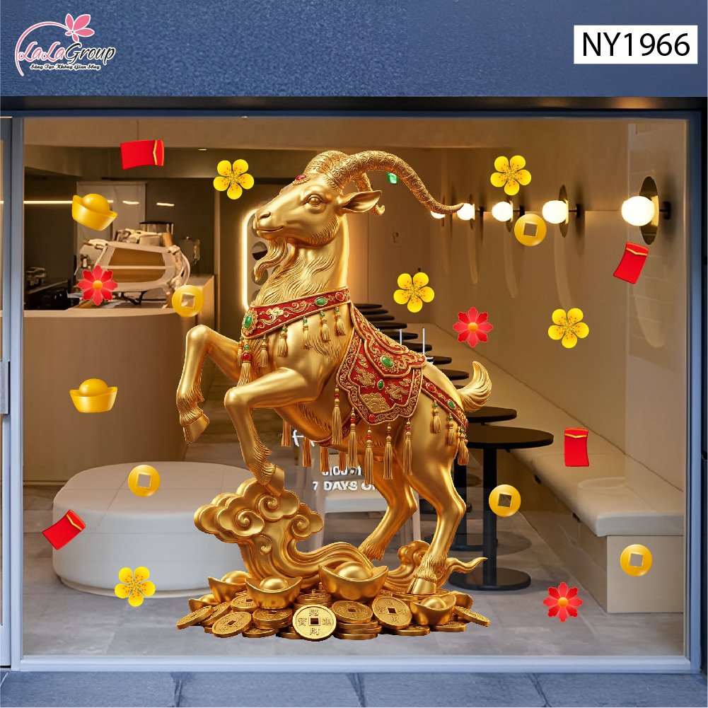 Decal Trang Tr&iacute; Tết Đinh M&ugrave;i 2027 V&agrave; Đ&agrave;o Đỏ Ph&uacute; Qu&yacute;