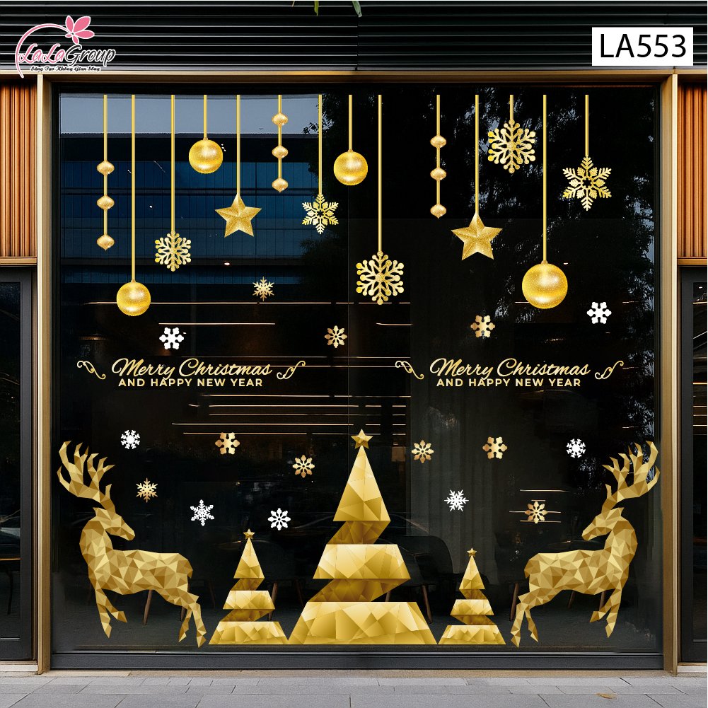 Combo Decal Trang Tr&iacute; Noel Tuần Lộc V&agrave; C&acirc;y Th&ocirc;ng V&agrave;ng Merry Christmas