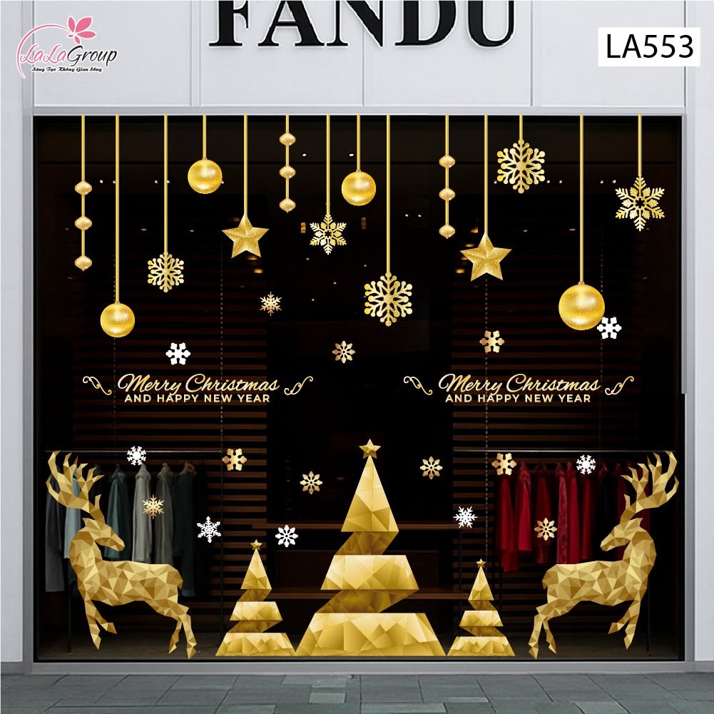 Combo Decal Trang Tr&iacute; Noel Tuần Lộc V&agrave; C&acirc;y Th&ocirc;ng V&agrave;ng Merry Christmas