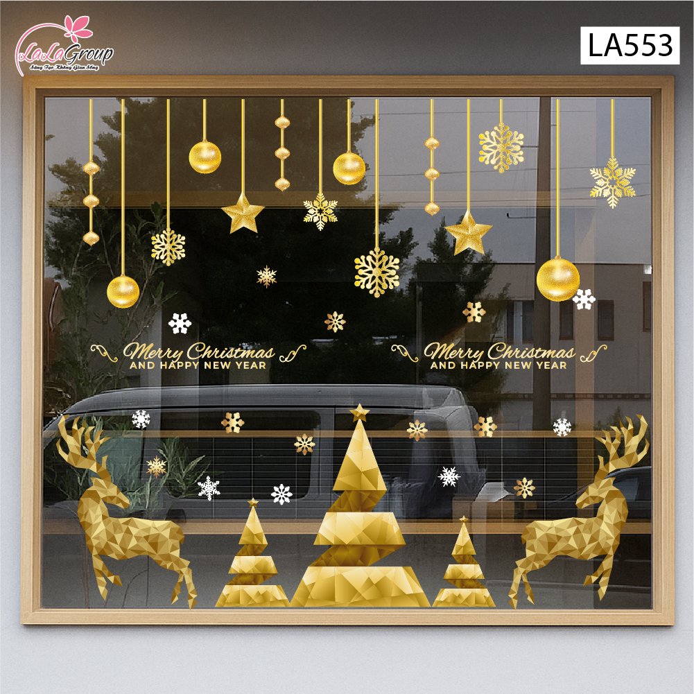 Combo Decal Trang Tr&iacute; Noel Tuần Lộc V&agrave; C&acirc;y Th&ocirc;ng V&agrave;ng Merry Christmas