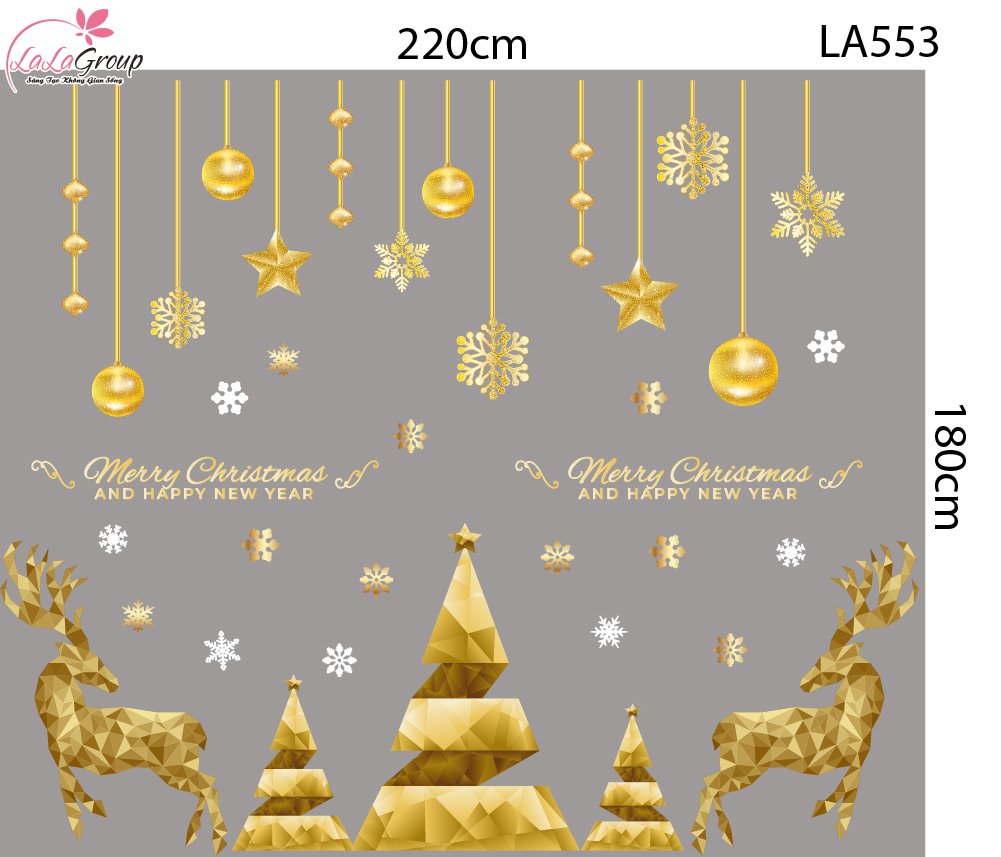 Combo Decal Trang Tr&iacute; Noel Tuần Lộc V&agrave; C&acirc;y Th&ocirc;ng V&agrave;ng Merry Christmas