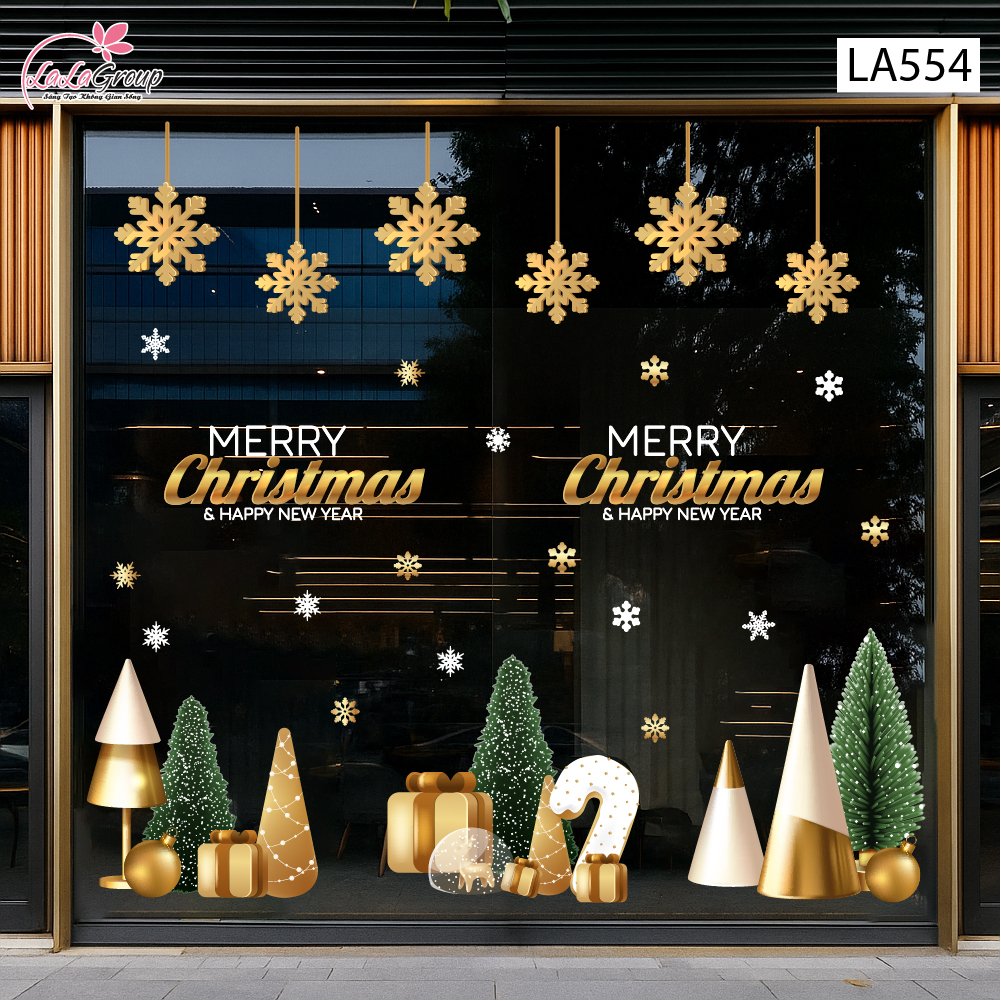Combo Decal Trang Tr&iacute; Noel Merry Christmas V&agrave; Hoa Tuyết V&agrave;ng Lấp L&aacute;nh