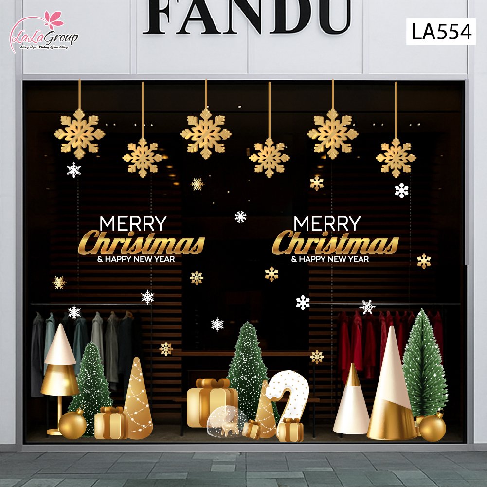 Combo Decal Trang Tr&iacute; Noel Merry Christmas V&agrave; Hoa Tuyết V&agrave;ng Lấp L&aacute;nh