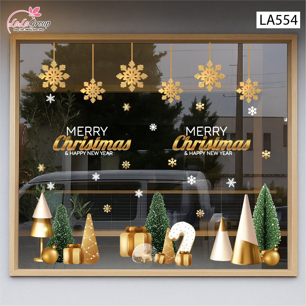 Combo Decal Trang Tr&iacute; Noel Merry Christmas V&agrave; Hoa Tuyết V&agrave;ng Lấp L&aacute;nh