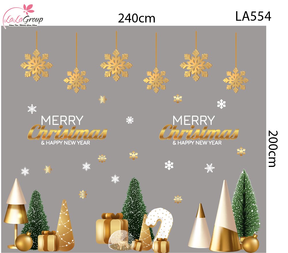 Combo Decal Trang Tr&iacute; Noel Merry Christmas V&agrave; Hoa Tuyết V&agrave;ng Lấp L&aacute;nh