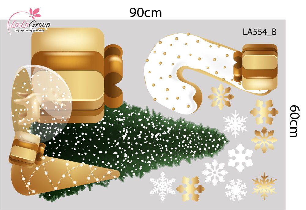 Combo Decal Trang Tr&iacute; Noel Merry Christmas V&agrave; Hoa Tuyết V&agrave;ng Lấp L&aacute;nh