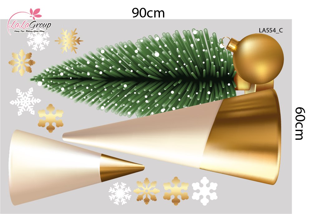 Combo Decal Trang Tr&iacute; Noel Merry Christmas V&agrave; Hoa Tuyết V&agrave;ng Lấp L&aacute;nh