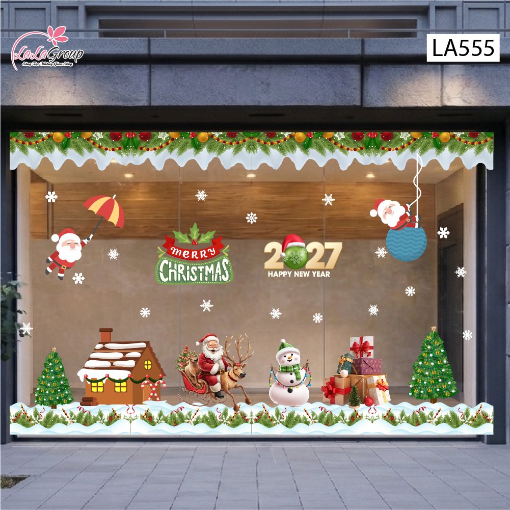 Combo Decal Trang Trí Noel Ông Già Noel Cưỡi Tuần Lộc Và Người Tuyết Trắng