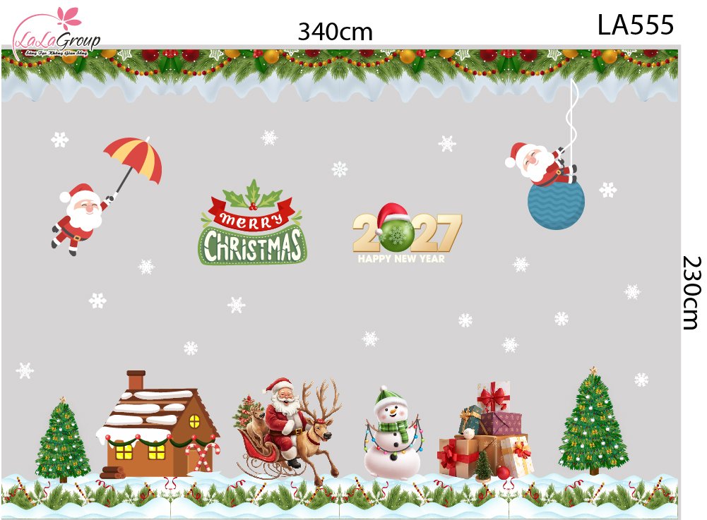 Combo Decal Trang Trí Noel Ông Già Noel Cưỡi Tuần Lộc Và Người Tuyết Trắng