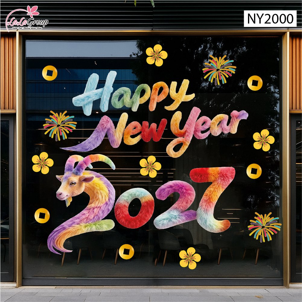 Decal Trang Tr&iacute; Tết Happy New Year Đinh M&ugrave;i 2027 Sắc M&agrave;u May Mắn