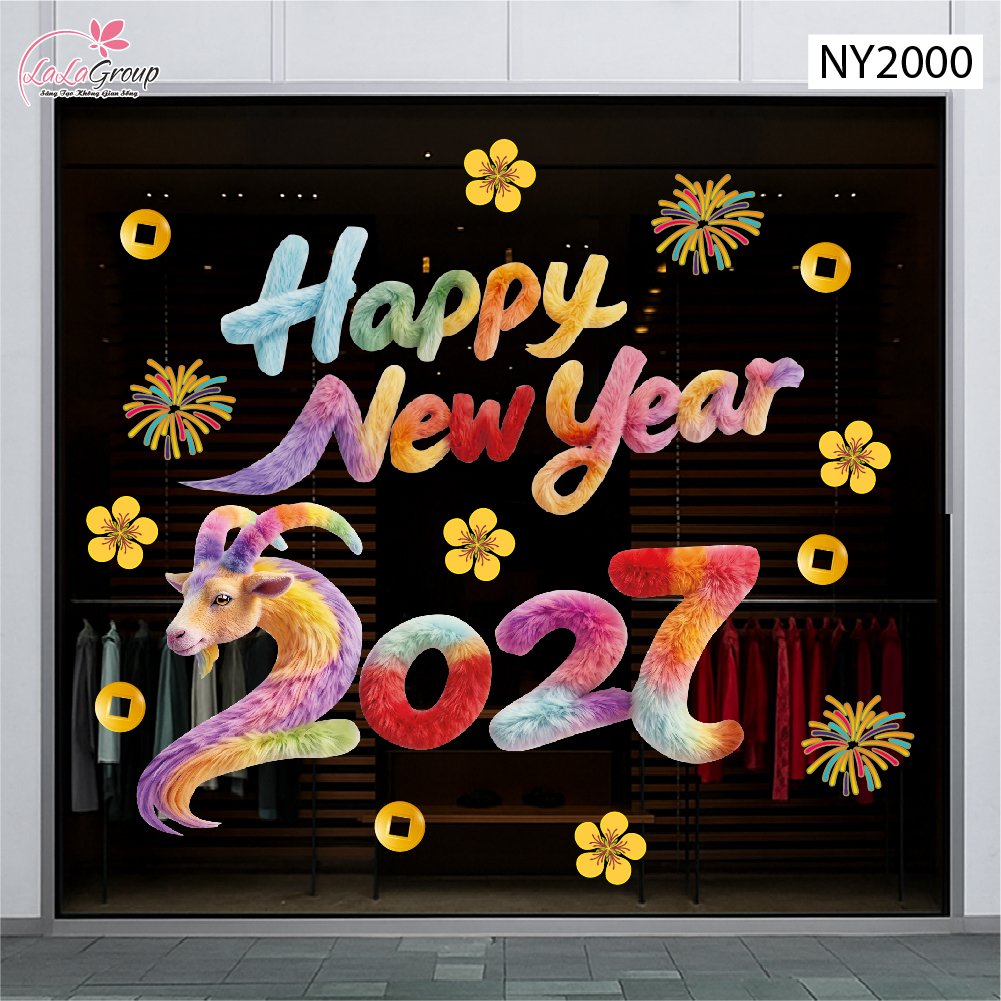 Decal Trang Tr&iacute; Tết Happy New Year Đinh M&ugrave;i 2027 Sắc M&agrave;u May Mắn