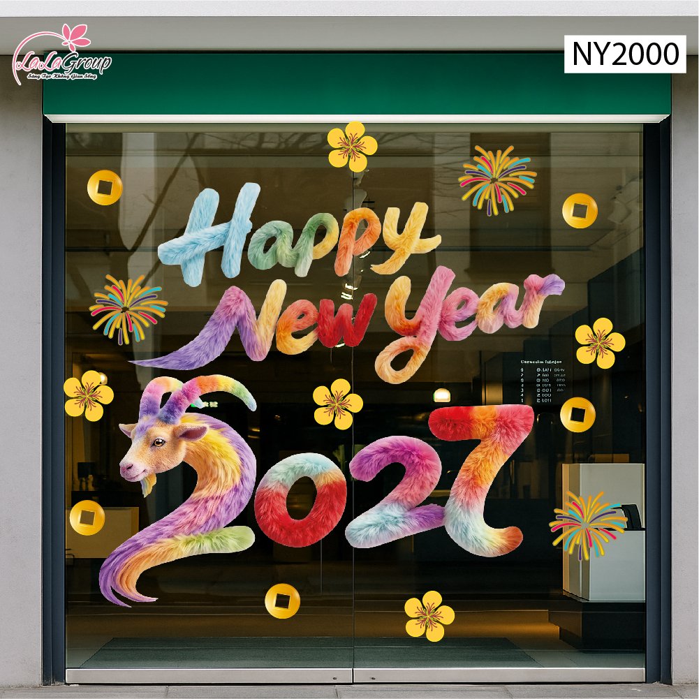 Decal Trang Tr&iacute; Tết Happy New Year Đinh M&ugrave;i 2027 Sắc M&agrave;u May Mắn