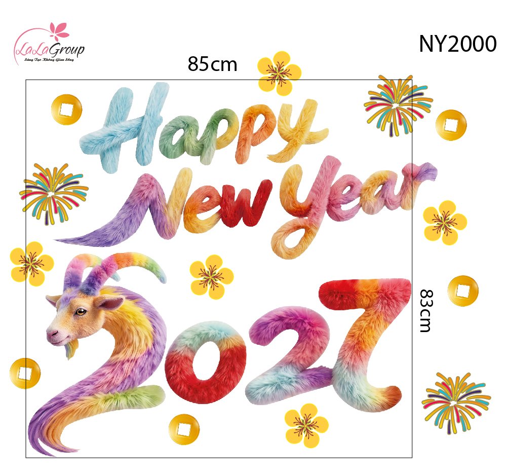 Decal Trang Tr&iacute; Tết Happy New Year Đinh M&ugrave;i 2027 Sắc M&agrave;u May Mắn