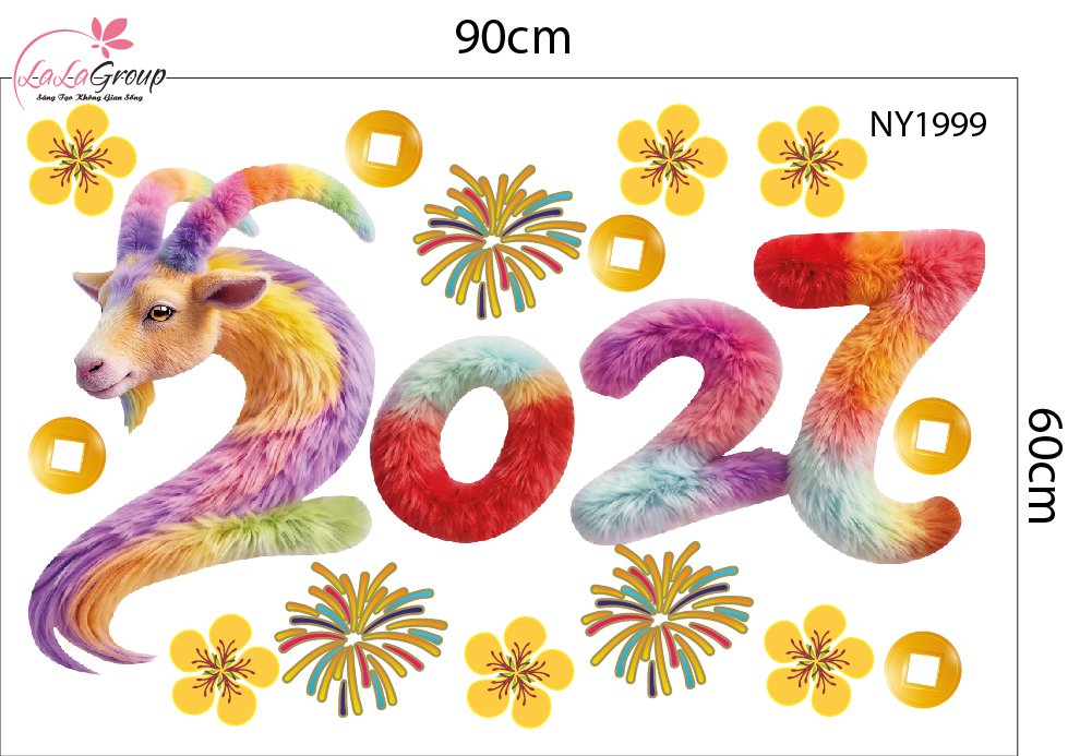 Decal Trang Tr&iacute; Tết Happy New Year Đinh M&ugrave;i 2027 Sắc M&agrave;u May Mắn