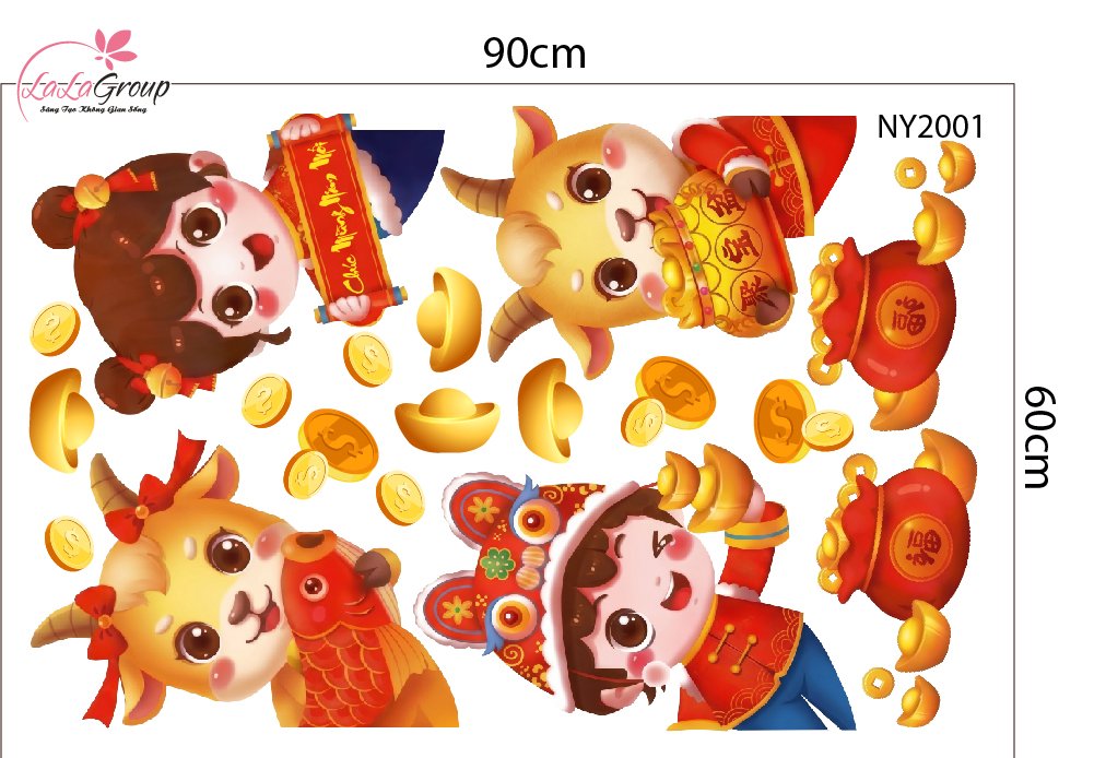 Combo Decal Trang Tr&iacute; Tết Kim M&ugrave;i V&agrave; Hai B&eacute; Vui Xu&acirc;n 2027