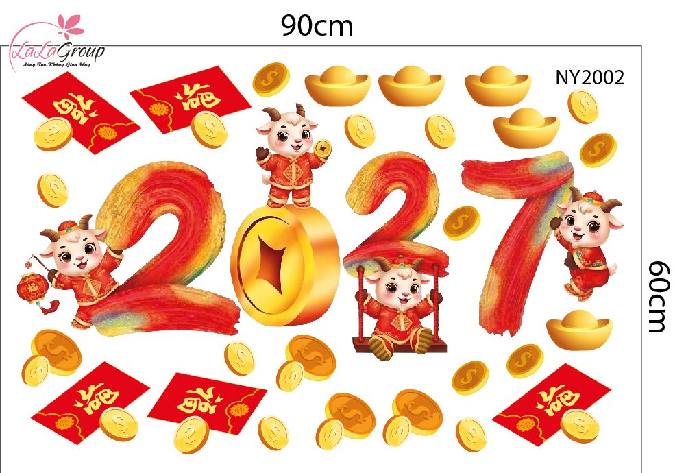 Combo Decal Trang Tr&iacute; Tết Kim M&ugrave;i V&agrave; Hai B&eacute; Vui Xu&acirc;n 2027