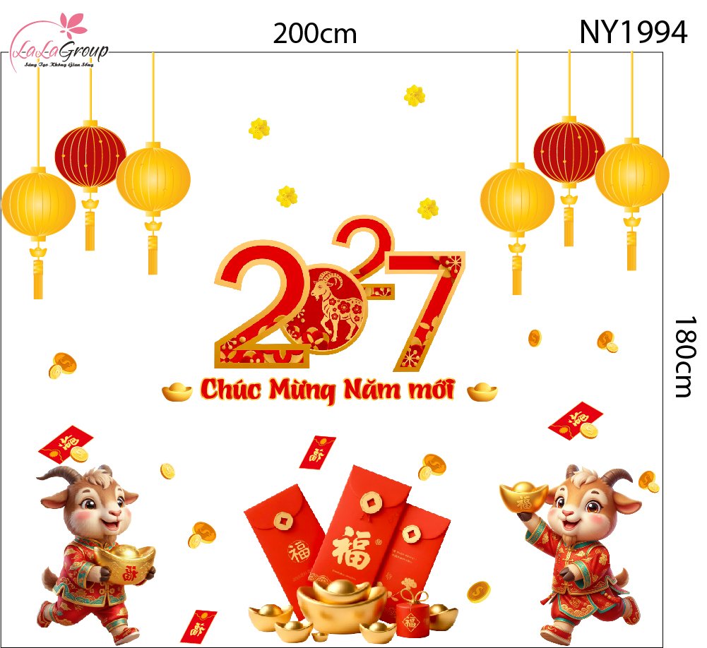 Decal Trang Tr&iacute; Tết 2027 Kim M&ugrave;i Ch&uacute;c Mừng Năm Mới T&agrave;i Lộc Sung T&uacute;c