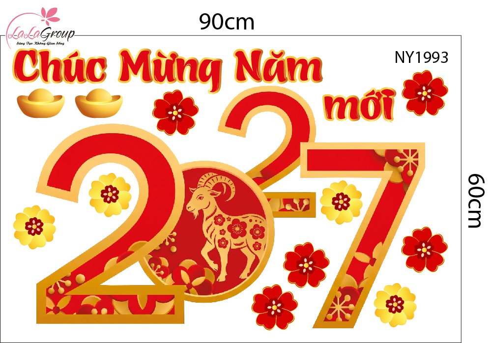 Decal Trang Tr&iacute; Tết 2027 Kim M&ugrave;i Ch&uacute;c Mừng Năm Mới T&agrave;i Lộc Sung T&uacute;c