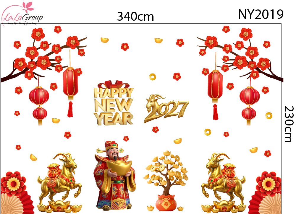 Combo Decal Trang Tr&iacute; Tết Happy New Year Đinh M&ugrave;i Ph&uacute;c Lộc Thịnh Vượng