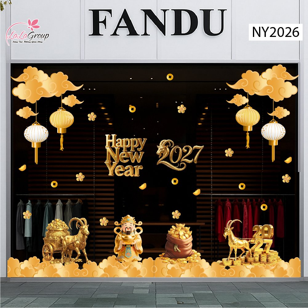 Combo Decal Trang Tr&iacute; Tết 2027 Happy New Year Kim M&ugrave;i Ph&uacute; Qu&yacute;
