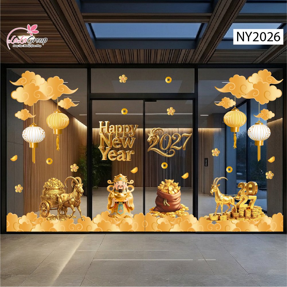 Combo Decal Trang Tr&iacute; Tết 2027 Happy New Year Kim M&ugrave;i Ph&uacute; Qu&yacute;