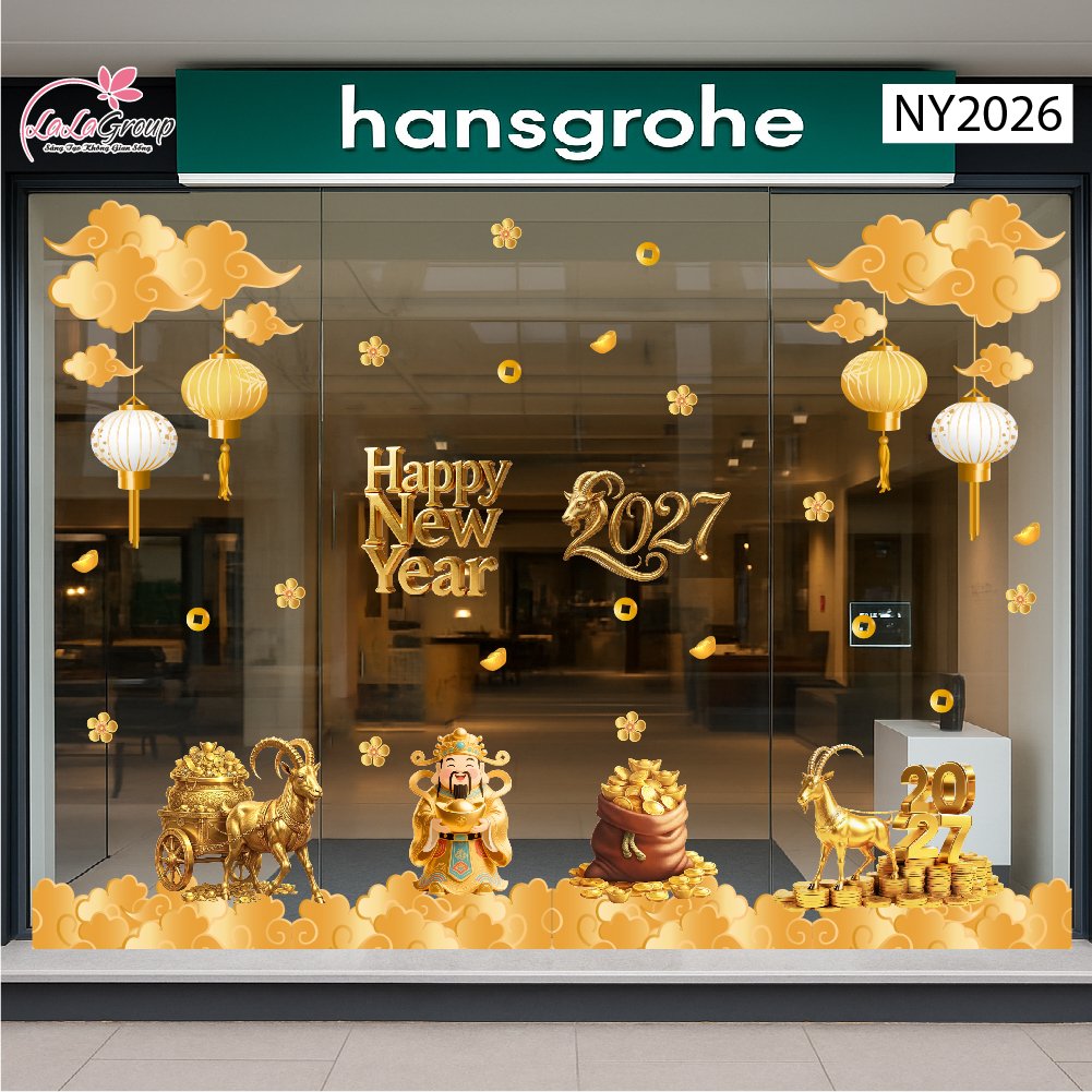 Combo Decal Trang Tr&iacute; Tết 2027 Happy New Year Kim M&ugrave;i Ph&uacute; Qu&yacute;