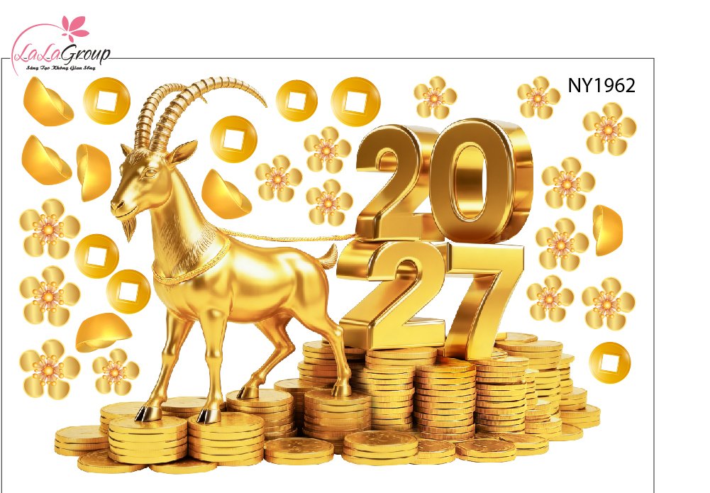 Combo Decal Trang Tr&iacute; Tết 2027 Happy New Year Kim M&ugrave;i Ph&uacute; Qu&yacute;
