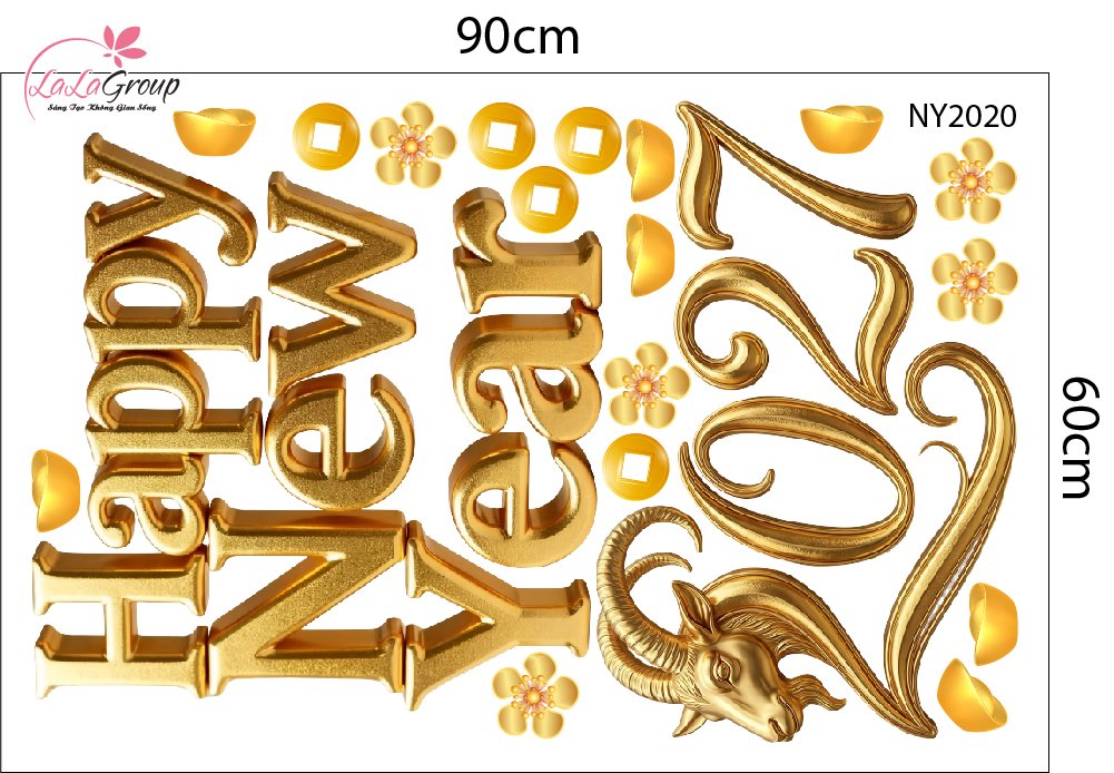 Combo Decal Trang Tr&iacute; Tết 2027 Happy New Year Kim M&ugrave;i Ph&uacute; Qu&yacute;