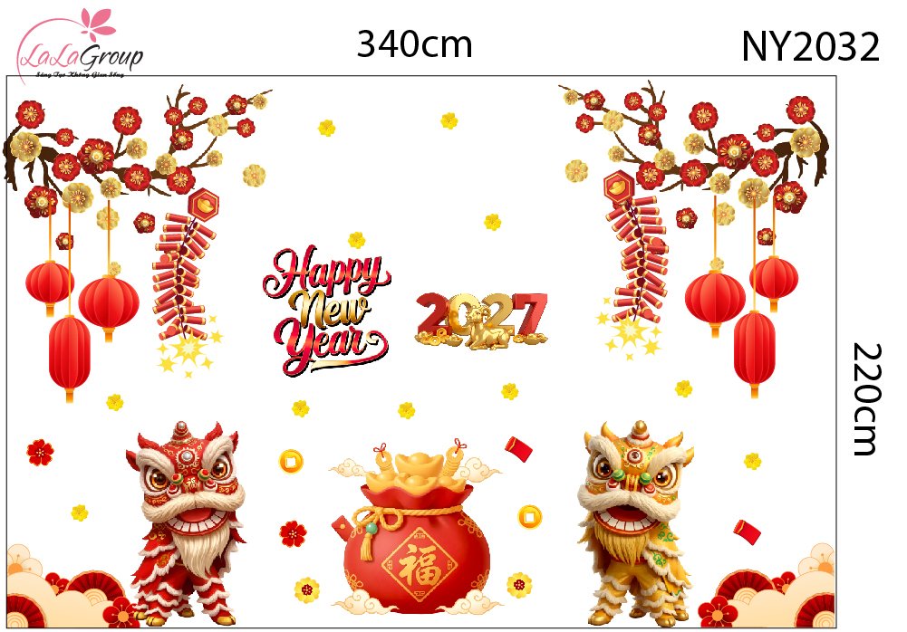 Combo Decal Trang Tr&iacute; Tết Happy New Year L&acirc;n Sư Đ&oacute;n Lộc Ph&uacute;c Kh&iacute; C&aacute;t Tường