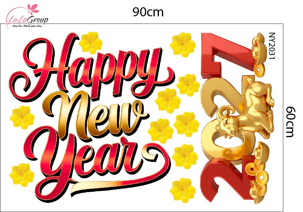 Combo Decal Trang Tr&iacute; Tết Happy New Year L&acirc;n Sư Đ&oacute;n Lộc Ph&uacute;c Kh&iacute; C&aacute;t Tường