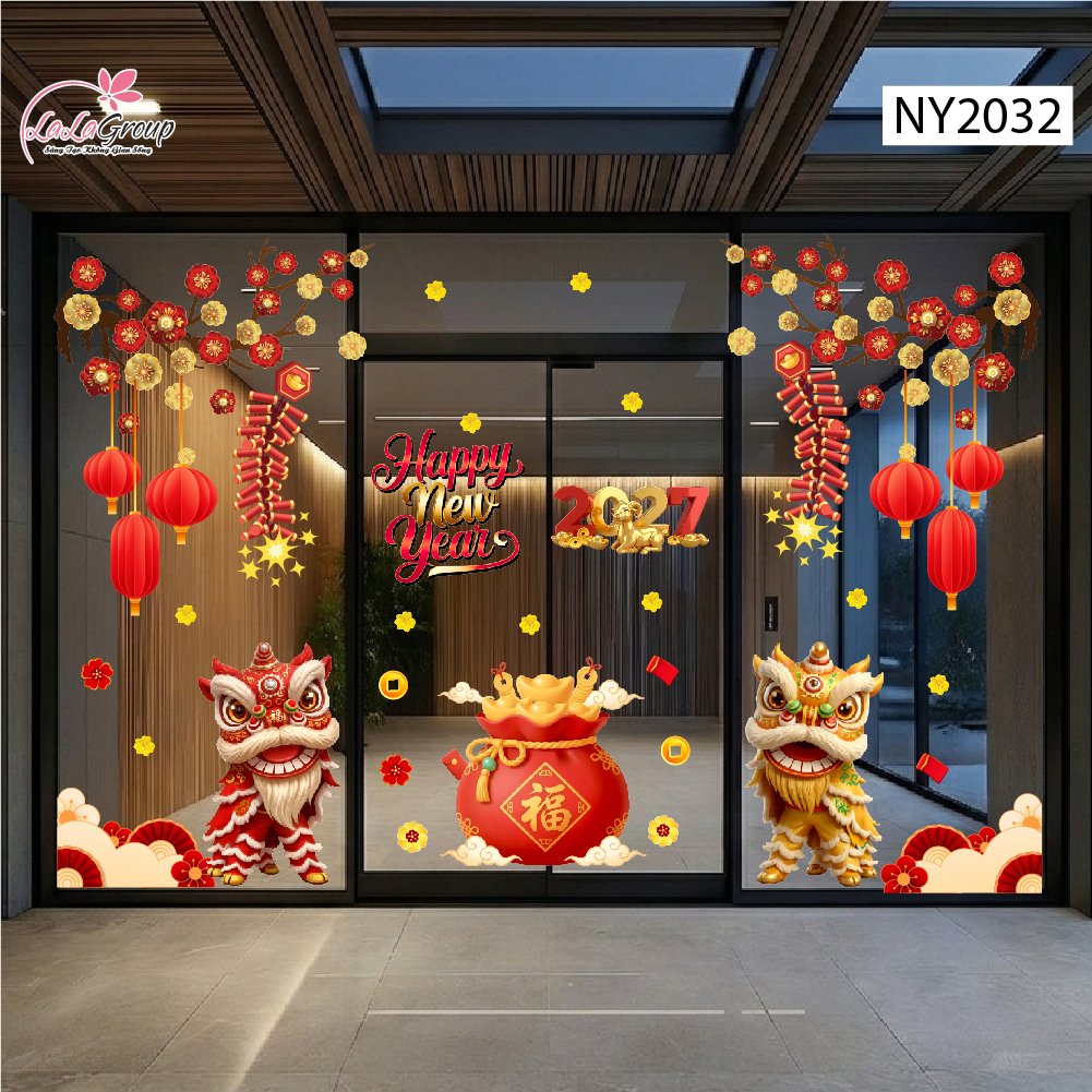 Combo Decal Trang Tr&iacute; Tết Happy New Year L&acirc;n Sư Đ&oacute;n Lộc Ph&uacute;c Kh&iacute; C&aacute;t Tường