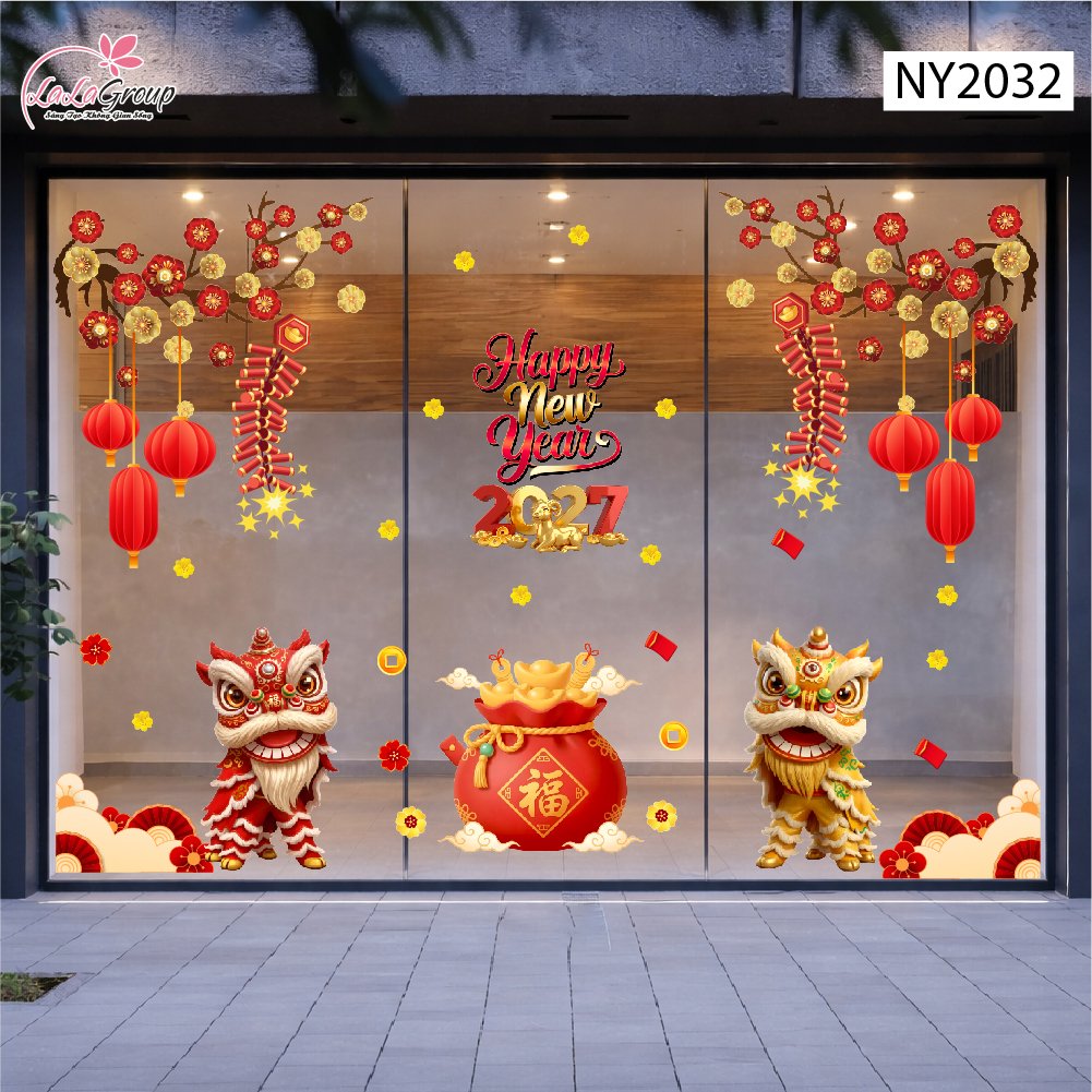 Combo Decal Trang Tr&iacute; Tết Happy New Year L&acirc;n Sư Đ&oacute;n Lộc Ph&uacute;c Kh&iacute; C&aacute;t Tường