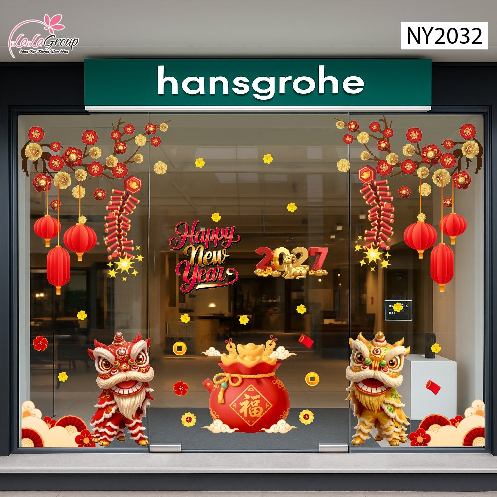 Combo Decal Trang Tr&iacute; Tết Happy New Year L&acirc;n Sư Đ&oacute;n Lộc Ph&uacute;c Kh&iacute; C&aacute;t Tường