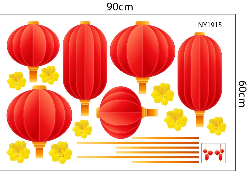 Combo Decal Trang Tr&iacute; Tết Happy New Year L&acirc;n Sư Đ&oacute;n Lộc Ph&uacute;c Kh&iacute; C&aacute;t Tường