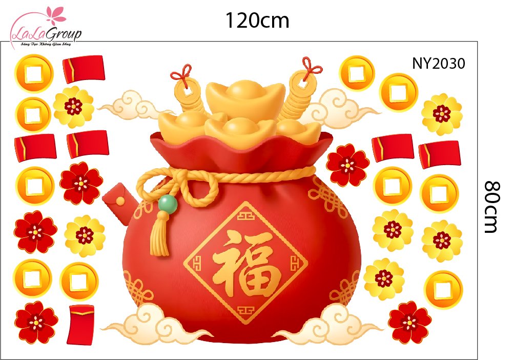 Combo Decal Trang Tr&iacute; Tết Happy New Year L&acirc;n Sư Đ&oacute;n Lộc Ph&uacute;c Kh&iacute; C&aacute;t Tường