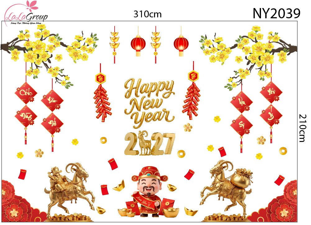 Combo Decal Trang Tr&iacute; Tết Kim M&ugrave;i V&agrave; Thần T&agrave;i Vui Xu&acirc;n 2027
