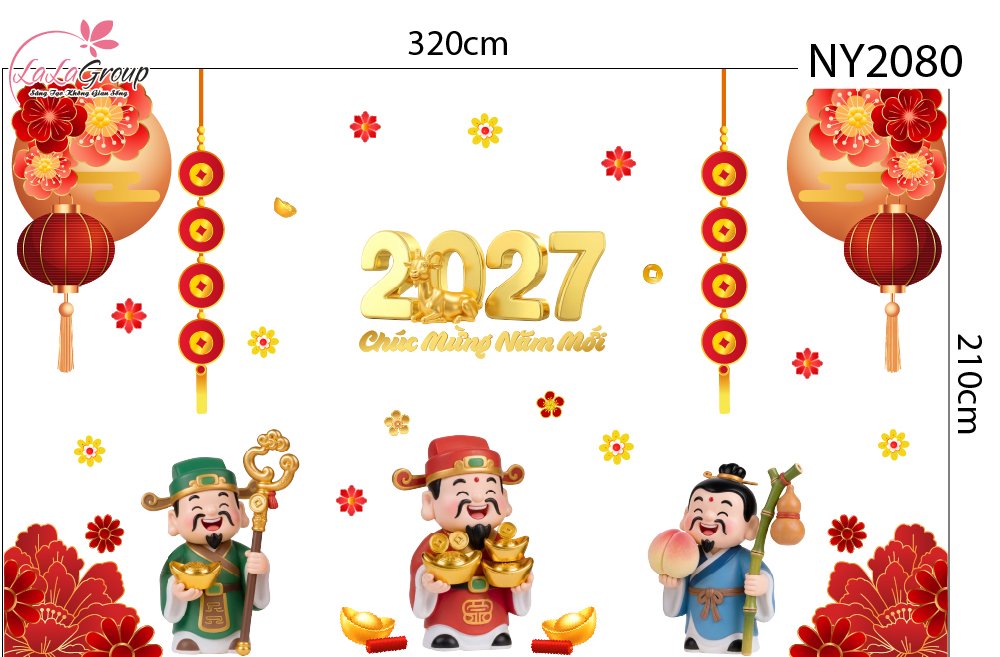 Combo Decal Trang Tr&iacute; Tết Tam Ph&uacute;c Thần T&agrave;i Đ&oacute;n Xu&acirc;n 2027